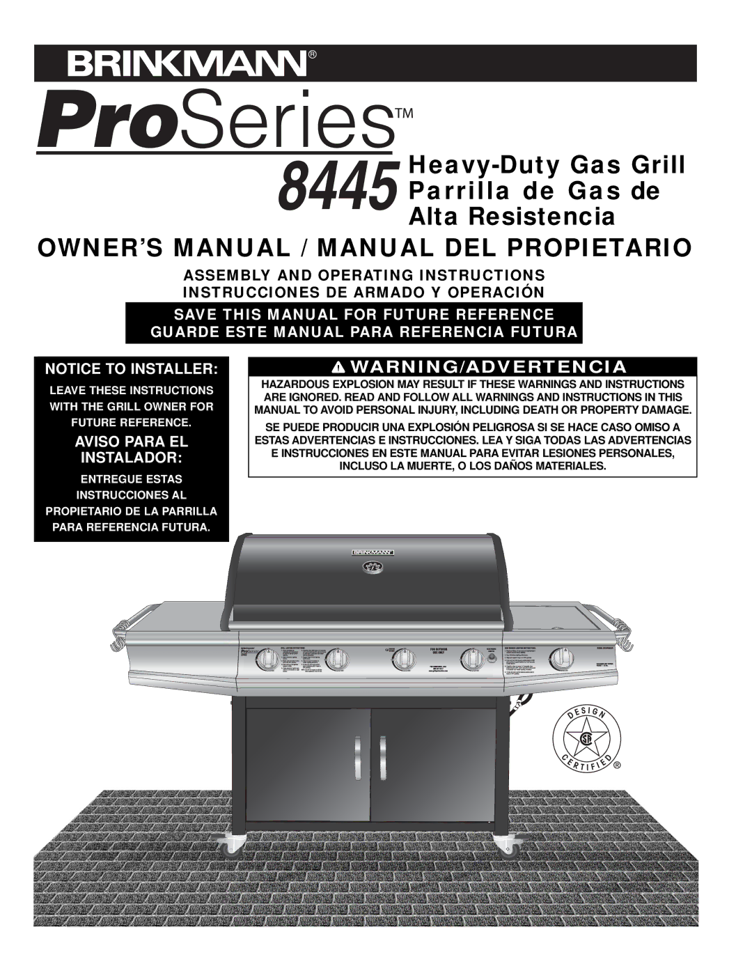 Brinkmann 8445 owner manual Heavy-Duty Gas Grill Parrilla de Gas de Alta Resistencia 