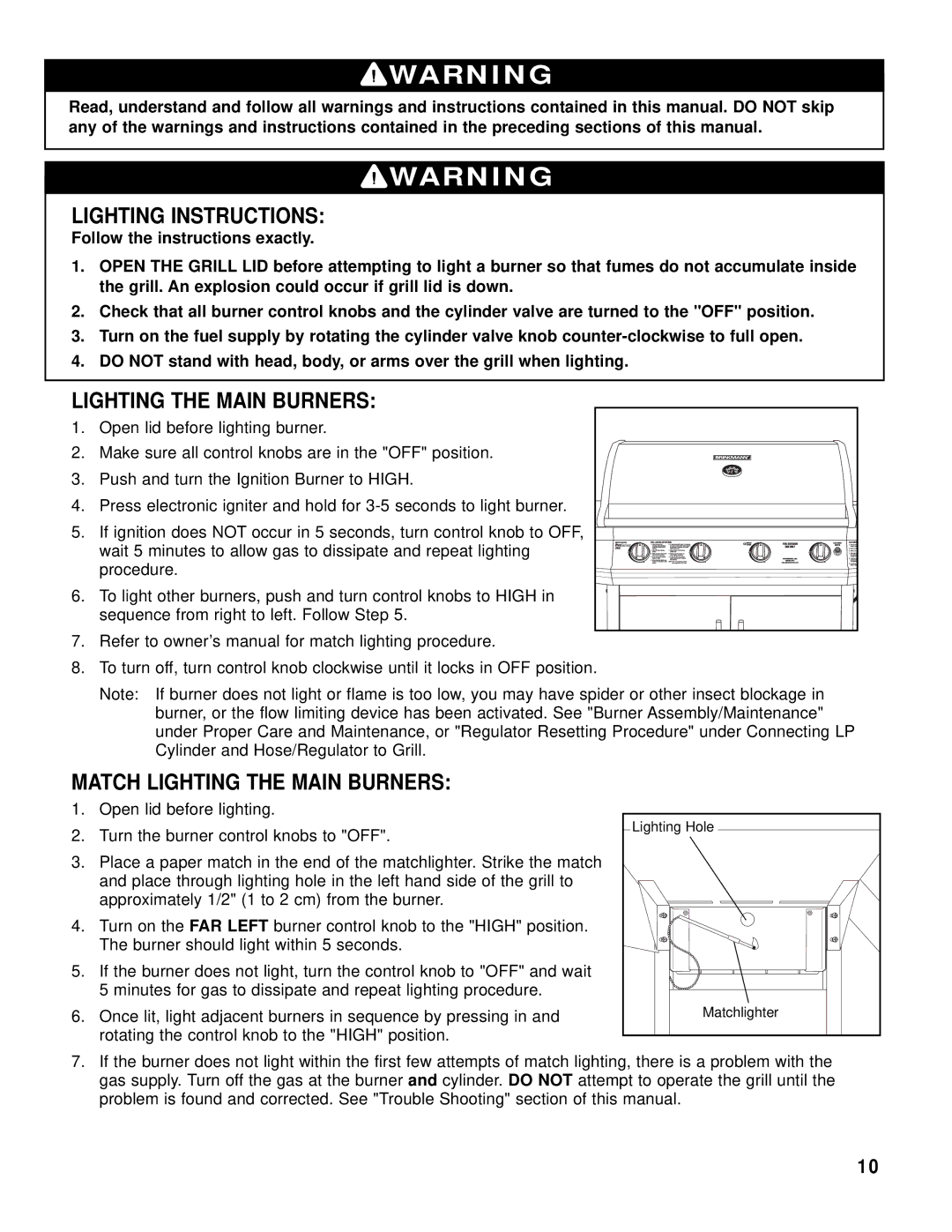 Brinkmann 8445 owner manual Lighting Instructions, Match Lighting the Main Burners 