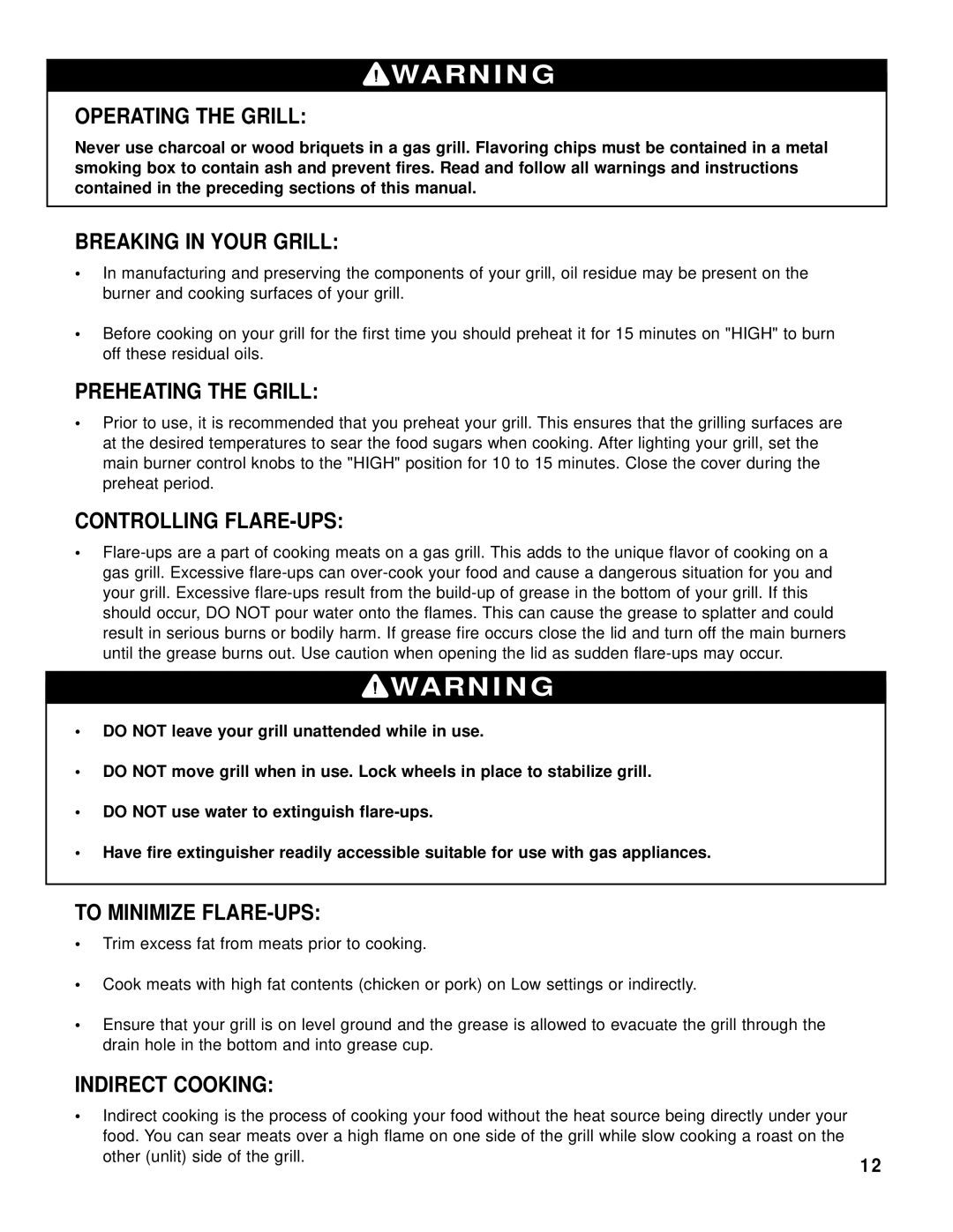 Brinkmann 8445 Operating the Grill, Breaking in Your Grill, Preheating the Grill, Controlling FLARE-UPS, Indirect Cooking 