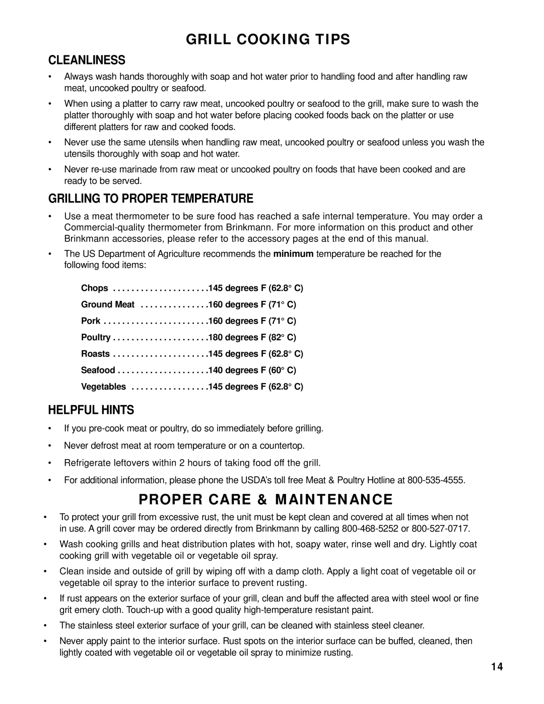 Brinkmann 8445 owner manual Cleanliness, Grilling to Proper Temperature, Helpful Hints 