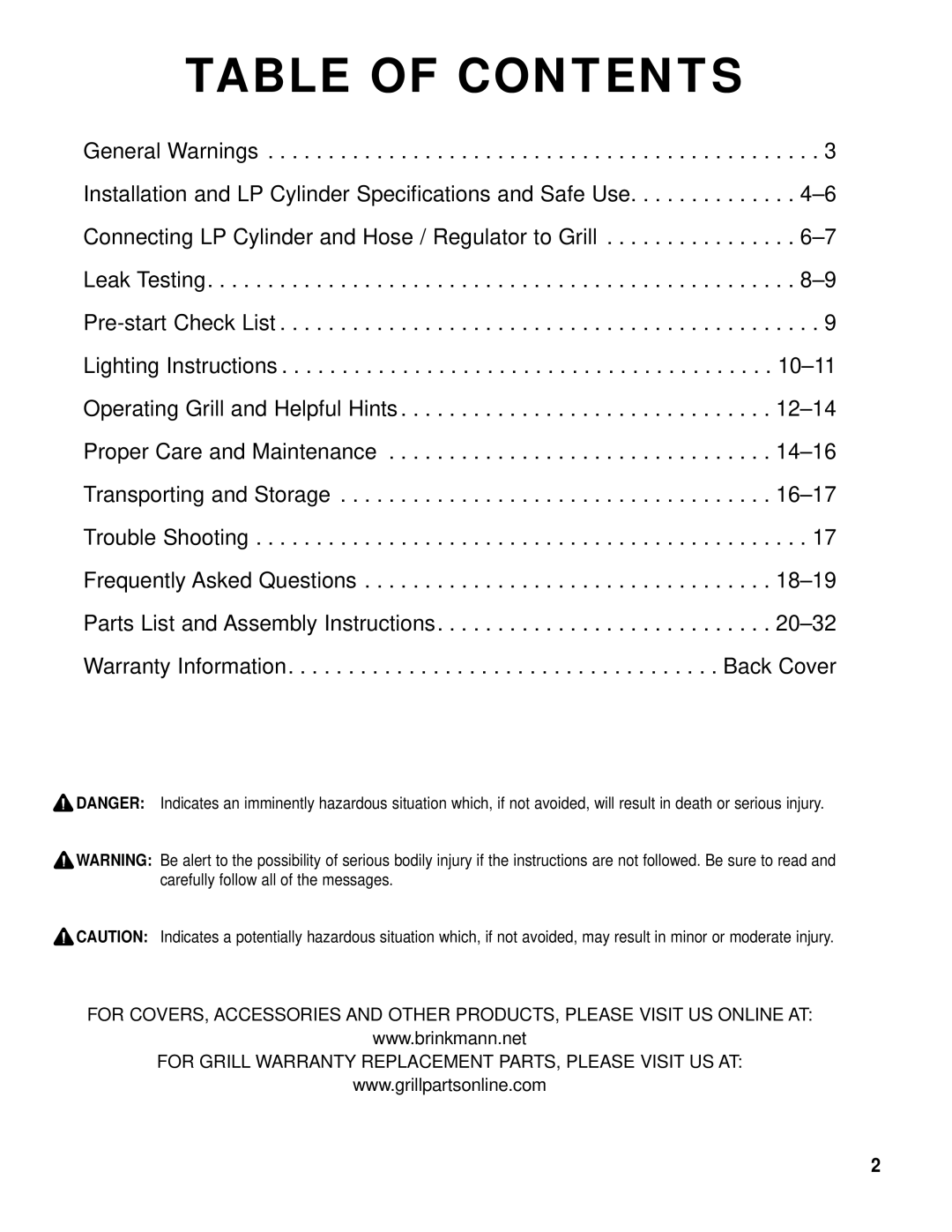 Brinkmann 8445 owner manual Table of Contents 