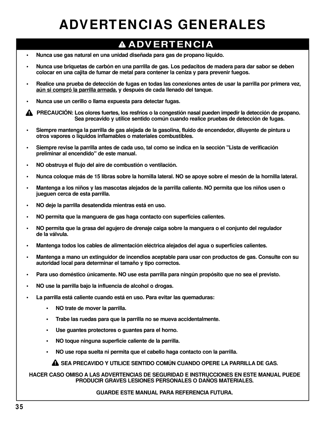 Brinkmann 8445 owner manual Advertencias Generales 