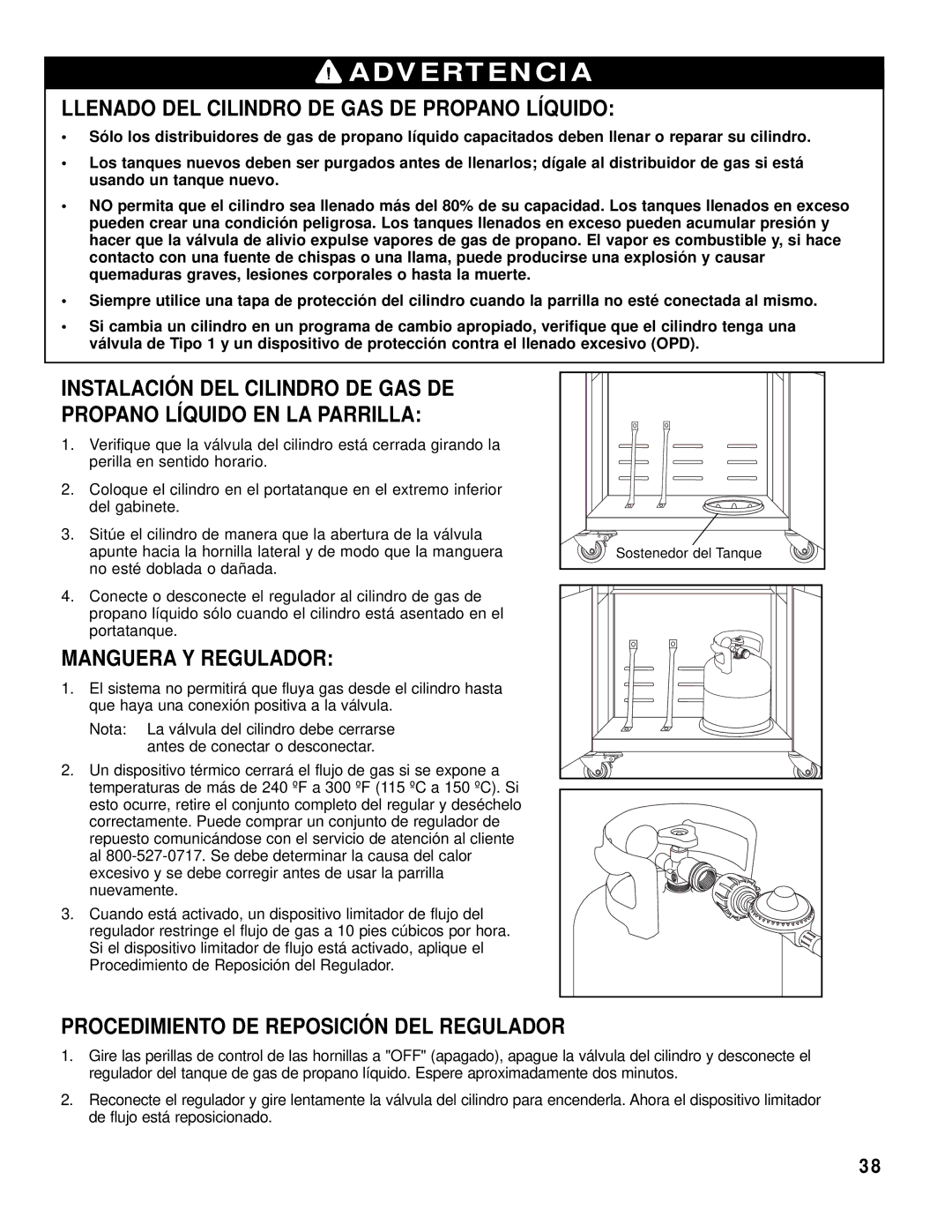 Brinkmann 8445 owner manual Llenado DEL Cilindro DE GAS DE Propano Líquido, Manguera Y Regulador 