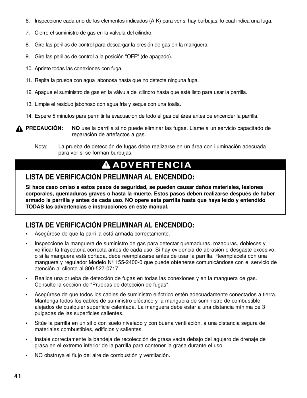 Brinkmann 8445 owner manual Lista DE Verificación Preliminar AL Encendido 