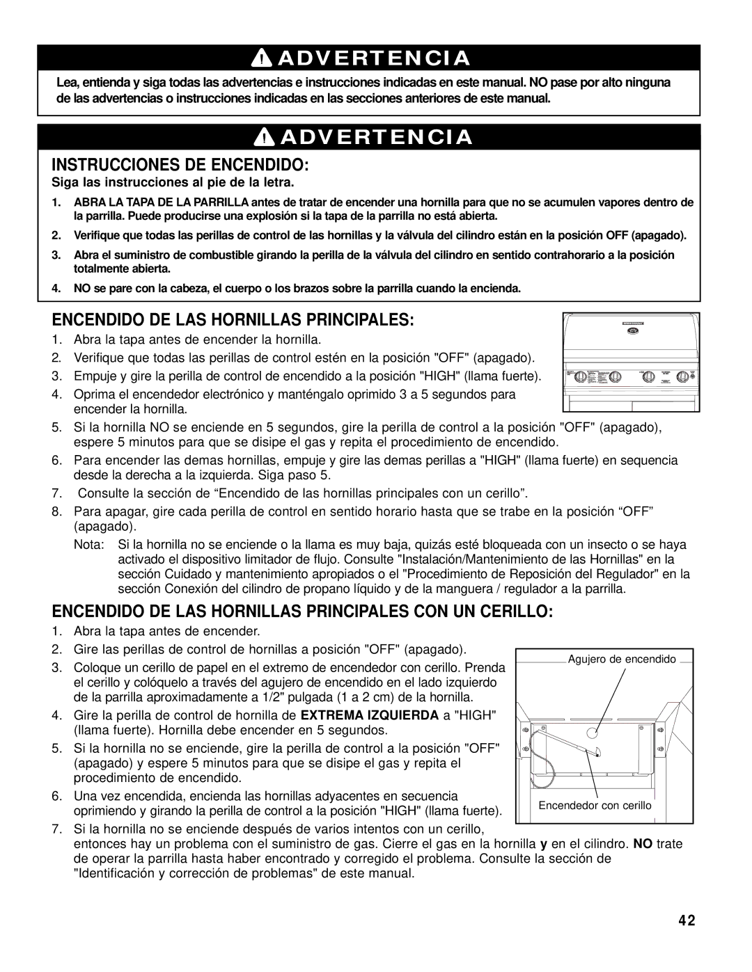 Brinkmann 8445 owner manual Instrucciones DE Encendido, Encendido DE LAS Hornillas Principales 