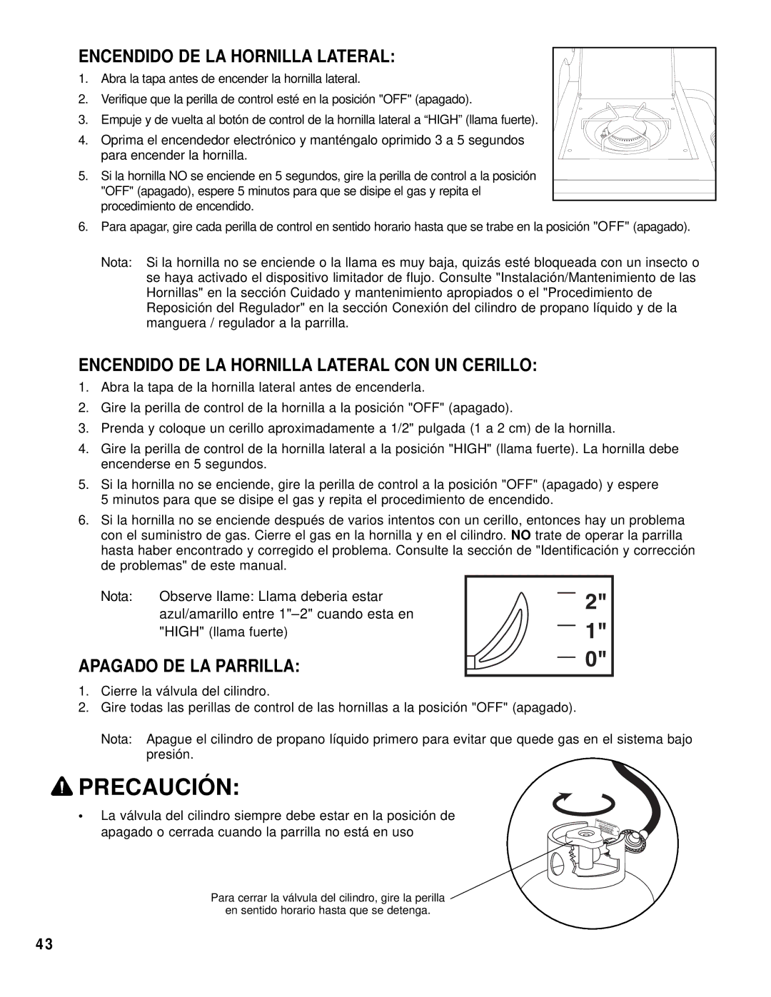 Brinkmann 8445 owner manual Encendido DE LA Hornilla Lateral CON UN Cerillo, Apagado DE LA Parrilla 