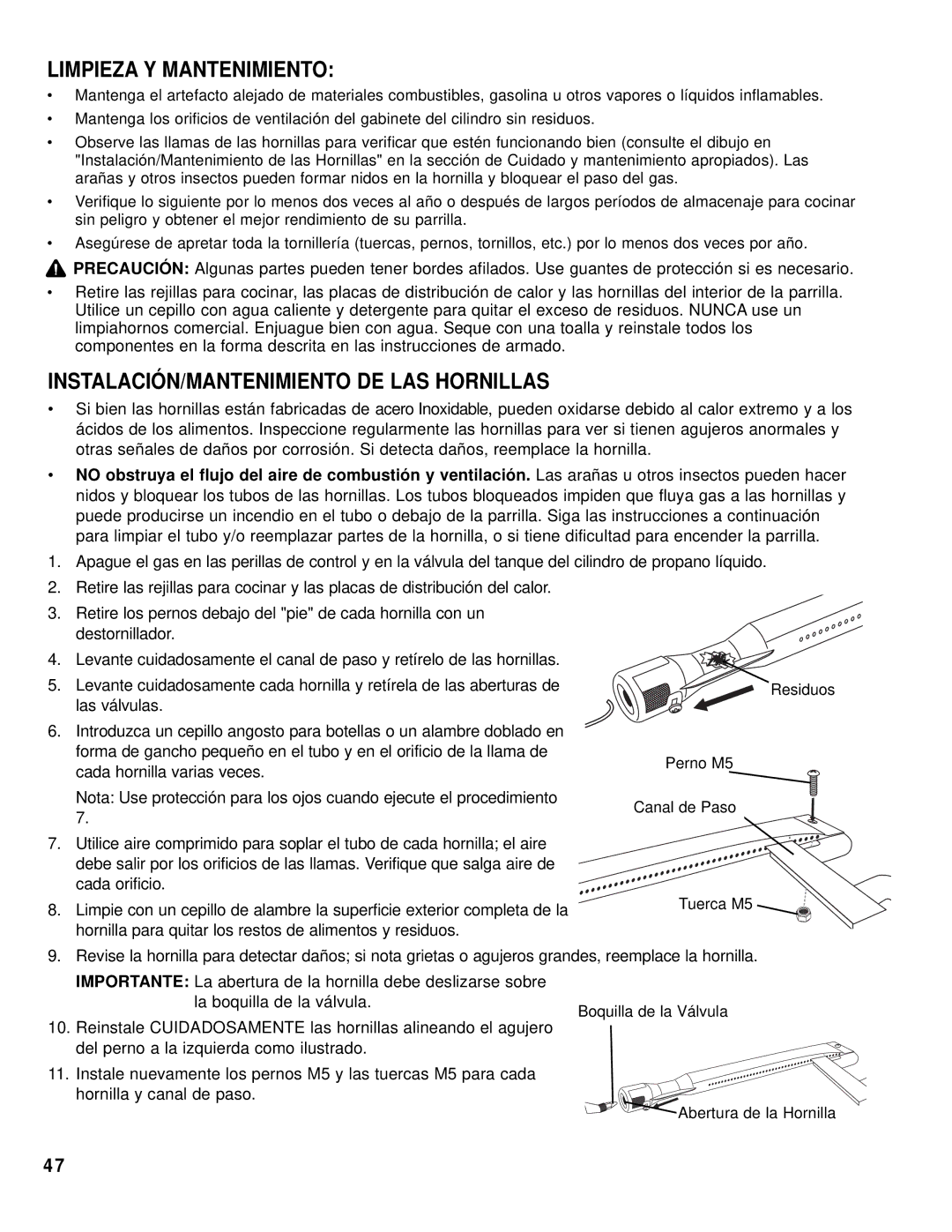 Brinkmann 8445 owner manual Limpieza Y Mantenimiento, INSTALACIÓN/MANTENIMIENTO DE LAS Hornillas 