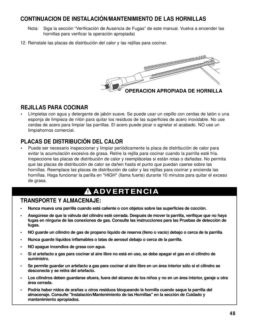 Brinkmann 8445 Continuacion DE INSTALACIÓN/MANTENIMIENTO DE LAS Hornillas, Rejillas Para Cocinar, Transporte Y Almacenaje 