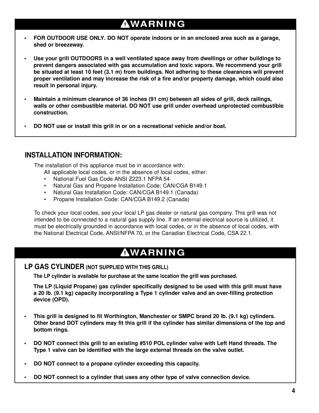 Brinkmann 8445 owner manual Installation Information, LP GAS Cylinder not Supplied with this Grill 