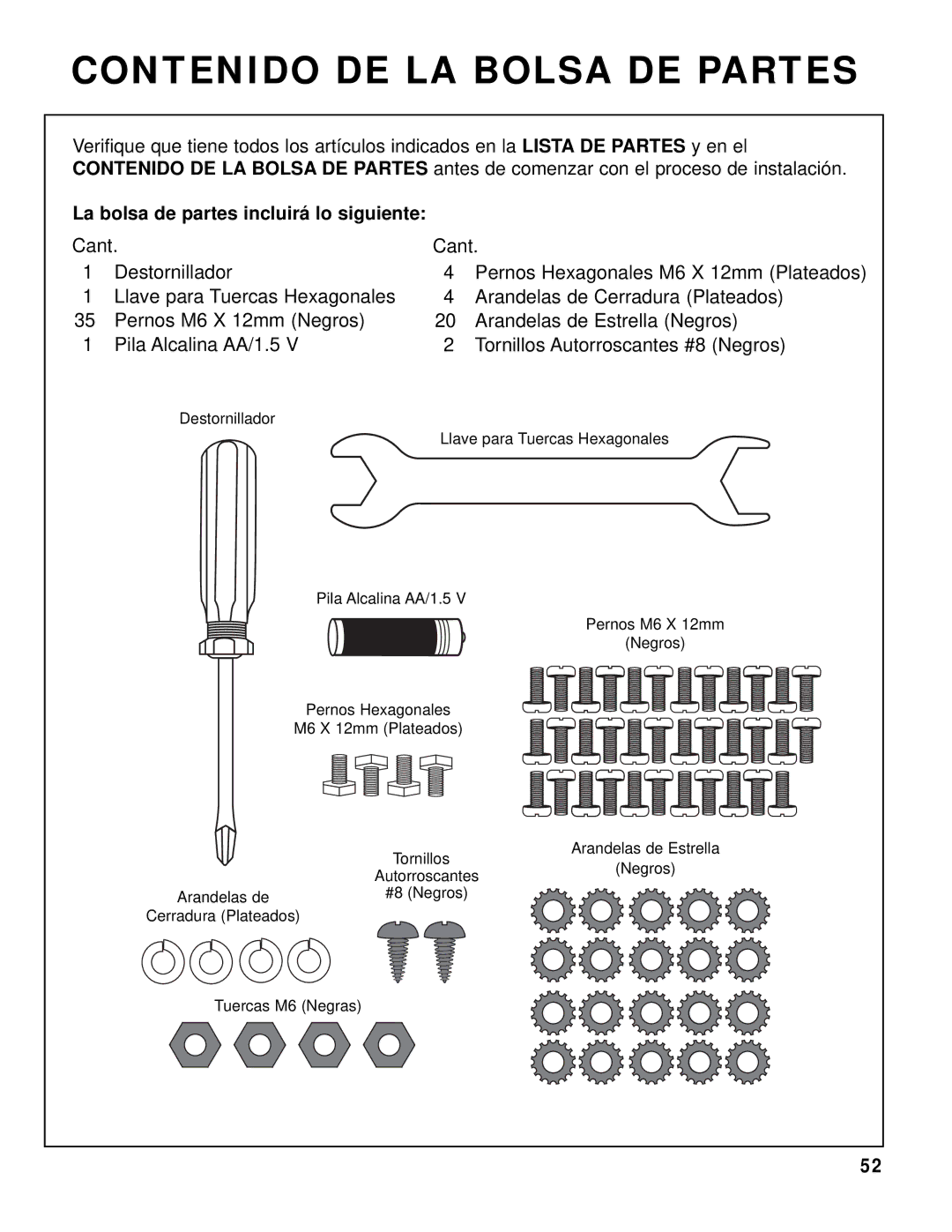 Brinkmann 8445 owner manual Contenido DE LA Bolsa DE Partes, La bolsa de partes incluirá lo siguiente 