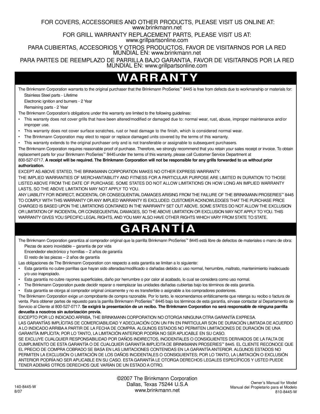 Brinkmann 8445 owner manual Warranty 