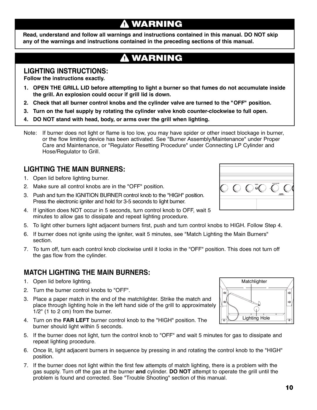 Brinkmann 9620 owner manual Lighting Instructions, Match Lighting the Main Burners 