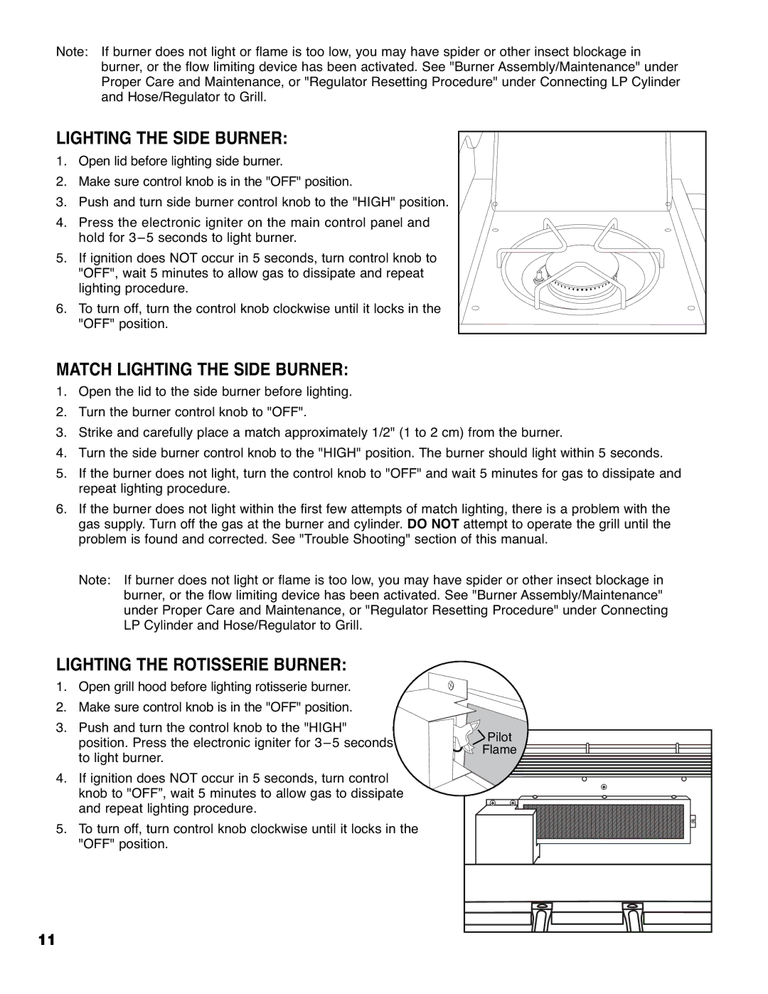 Brinkmann 9620 owner manual Match Lighting the Side Burner, Lighting the Rotisserie Burner 