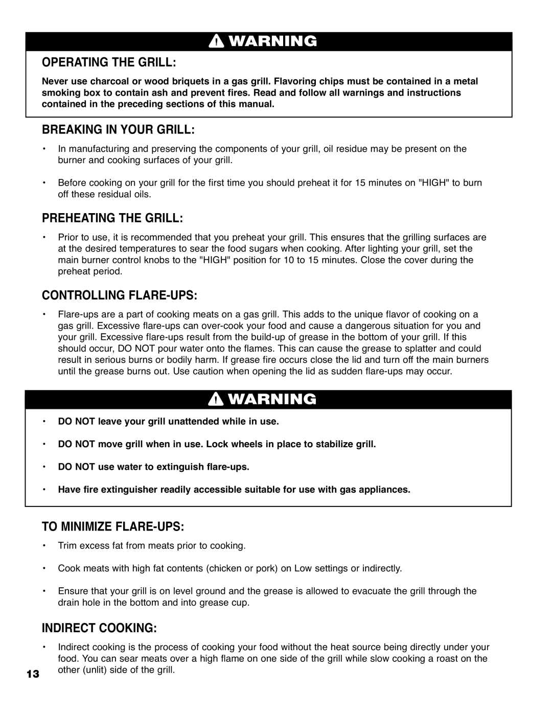 Brinkmann 9620 Operating the Grill, Breaking in Your Grill, Preheating the Grill, Controlling FLARE-UPS, Indirect Cooking 