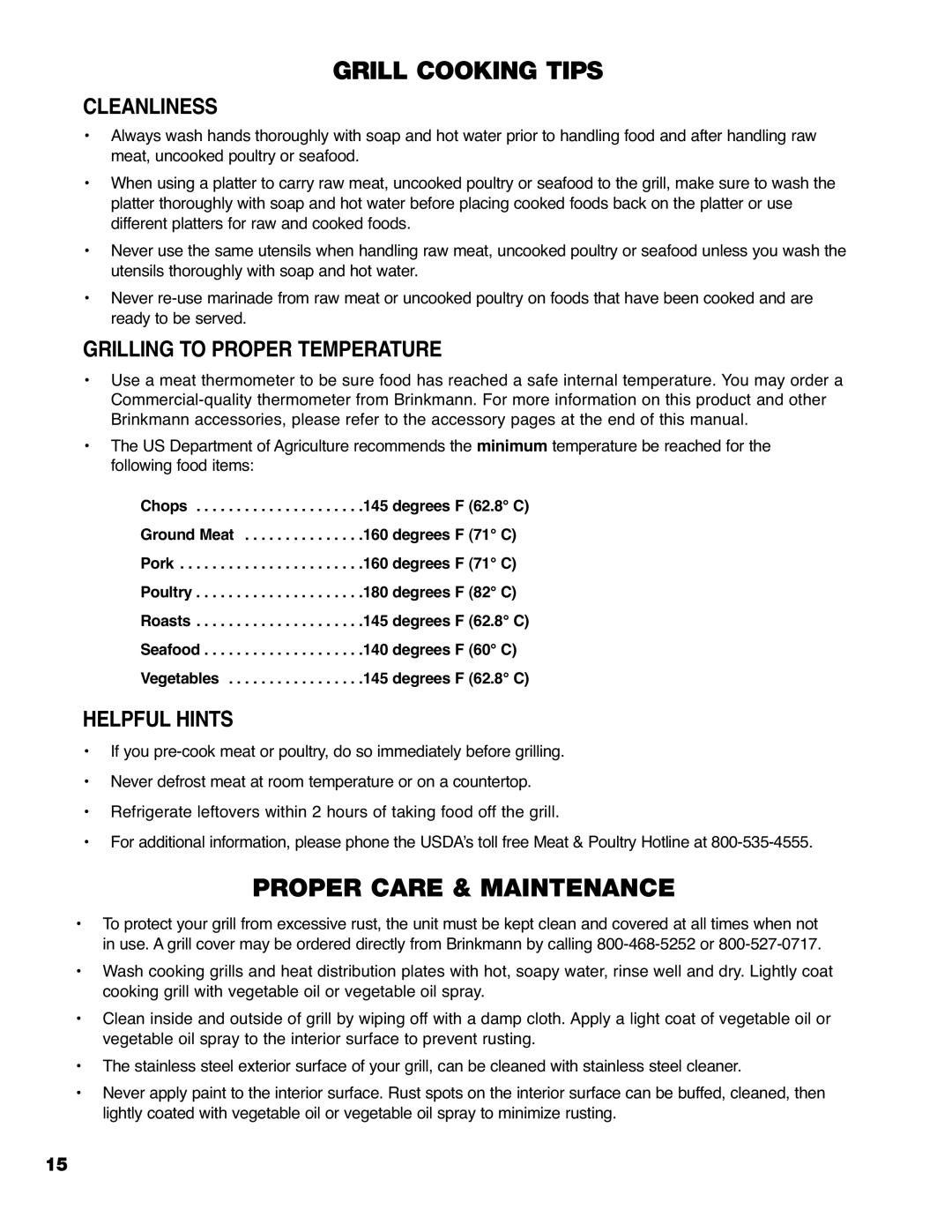 Brinkmann 9620 owner manual Cleanliness, Grilling to Proper Temperature, Helpful Hints 