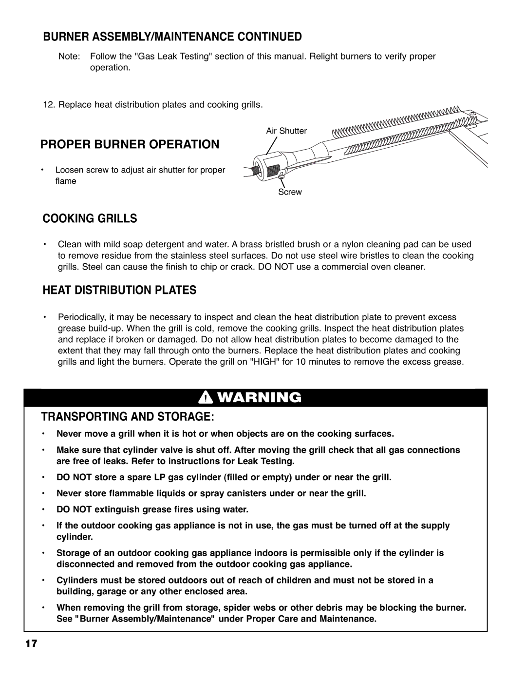 Brinkmann 9620 owner manual Proper Burner Operation, Cooking Grills, Heat Distribution Plates, Transporting and Storage 