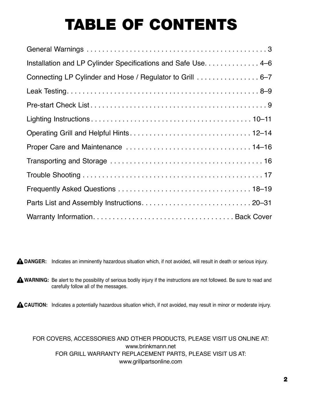 Brinkmann 9620 owner manual Table of Contents 