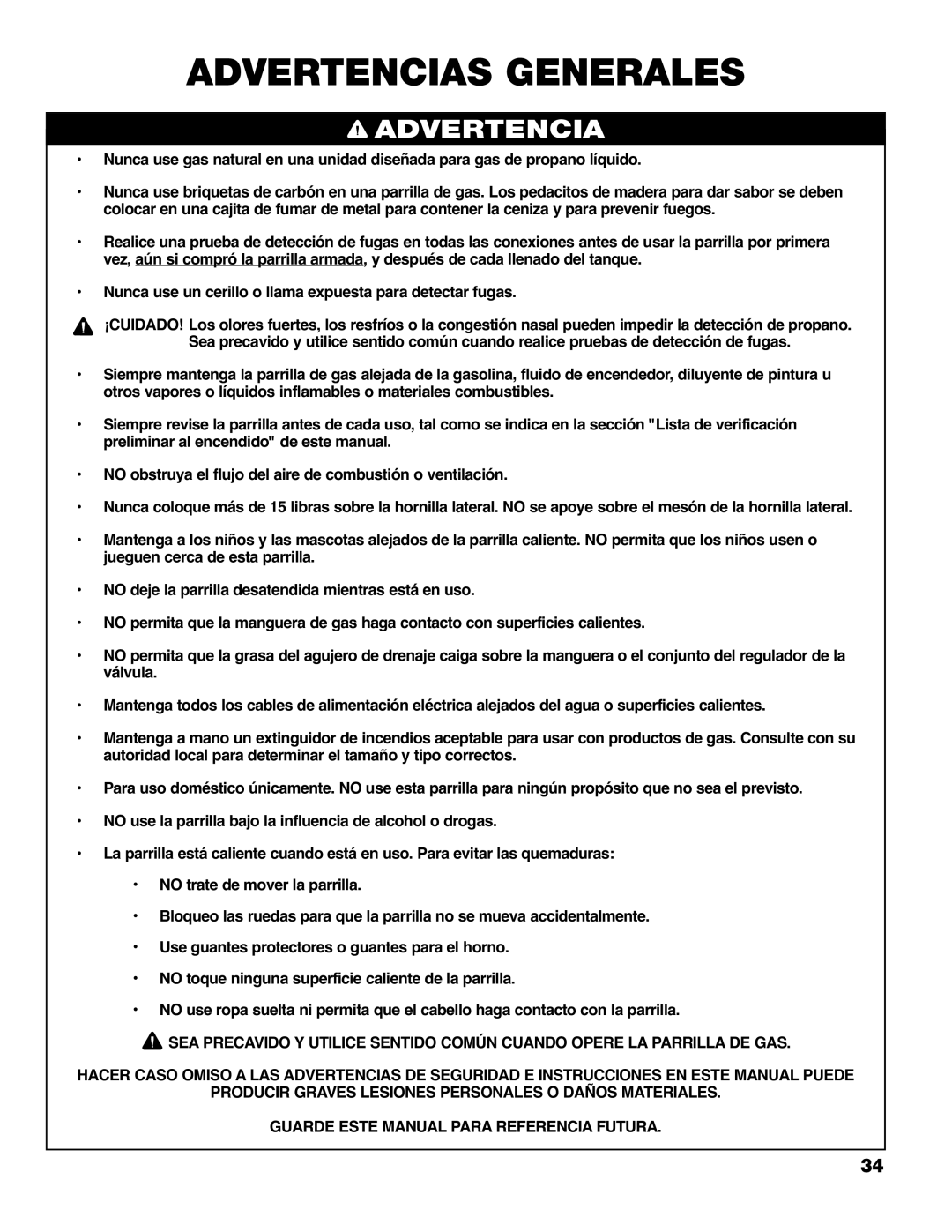 Brinkmann 9620 owner manual Advertencias Generales 