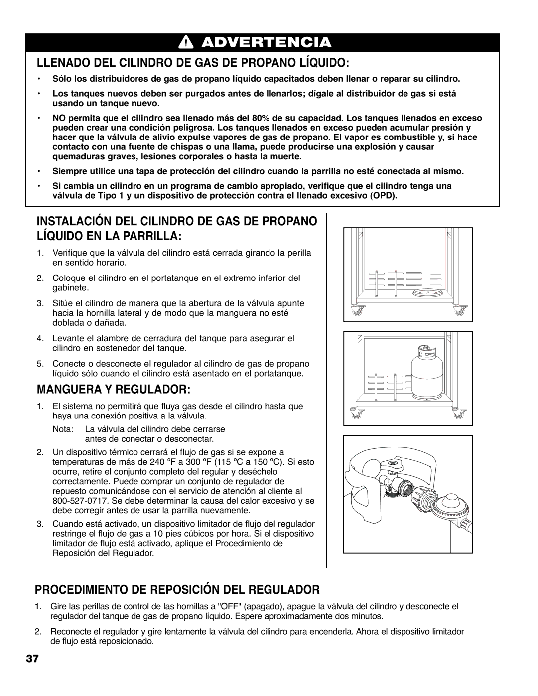 Brinkmann 9620 owner manual Llenado DEL Cilindro DE GAS DE Propano Líquido, Manguera Y Regulador 