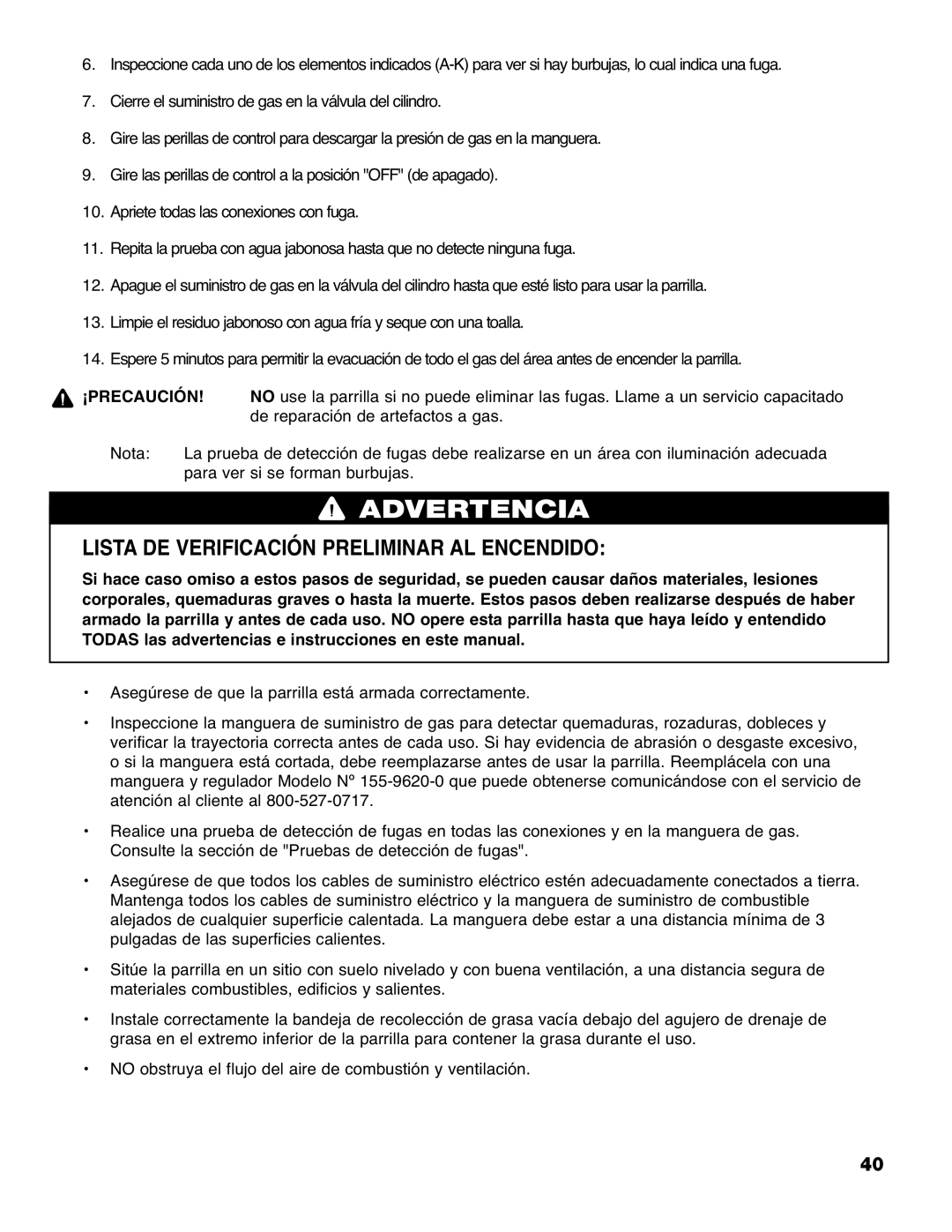 Brinkmann 9620 owner manual Lista DE Verificación Preliminar AL Encendido, ¡Precaución 