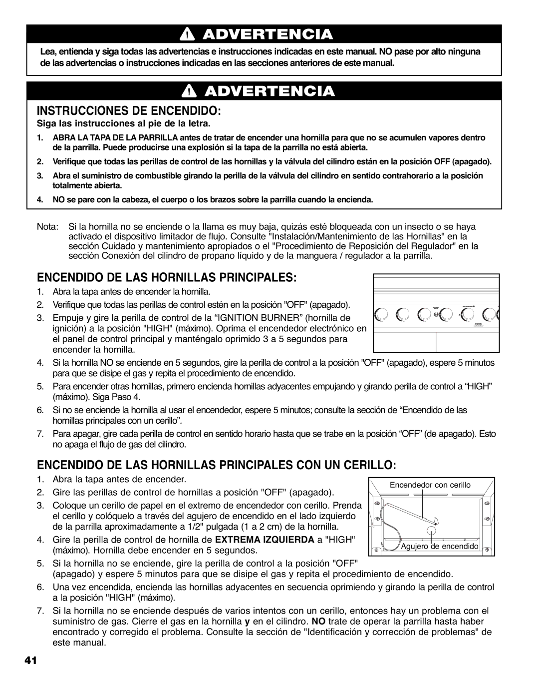 Brinkmann 9620 owner manual Instrucciones DE Encendido, Encendido DE LAS Hornillas Principales 