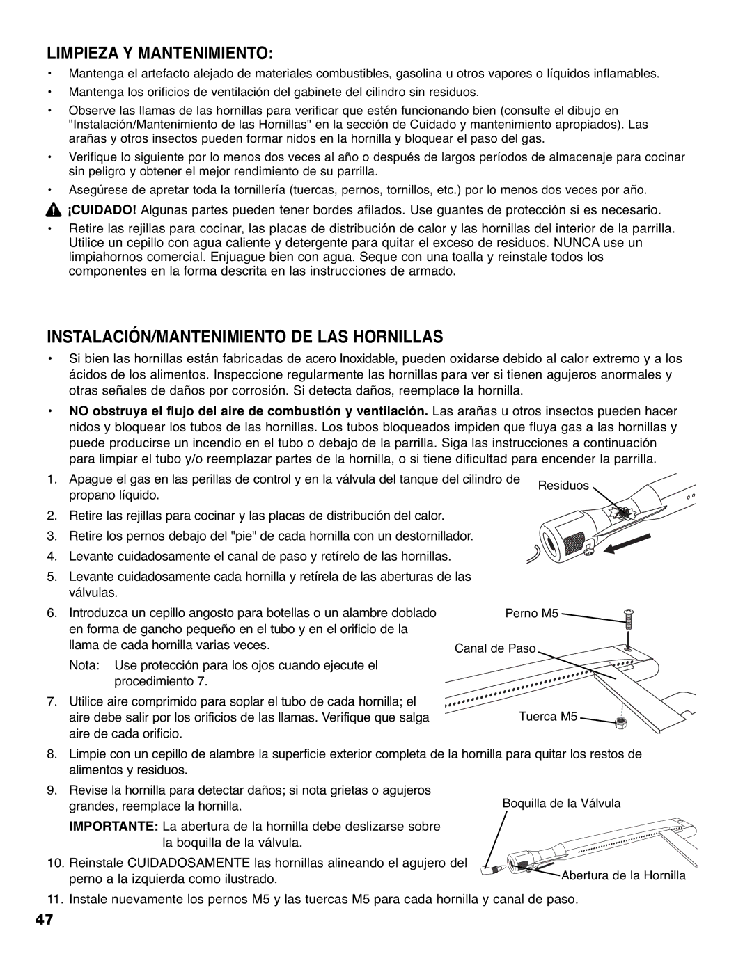 Brinkmann 9620 owner manual Limpieza Y Mantenimiento, INSTALACIÓN/MANTENIMIENTO DE LAS Hornillas 