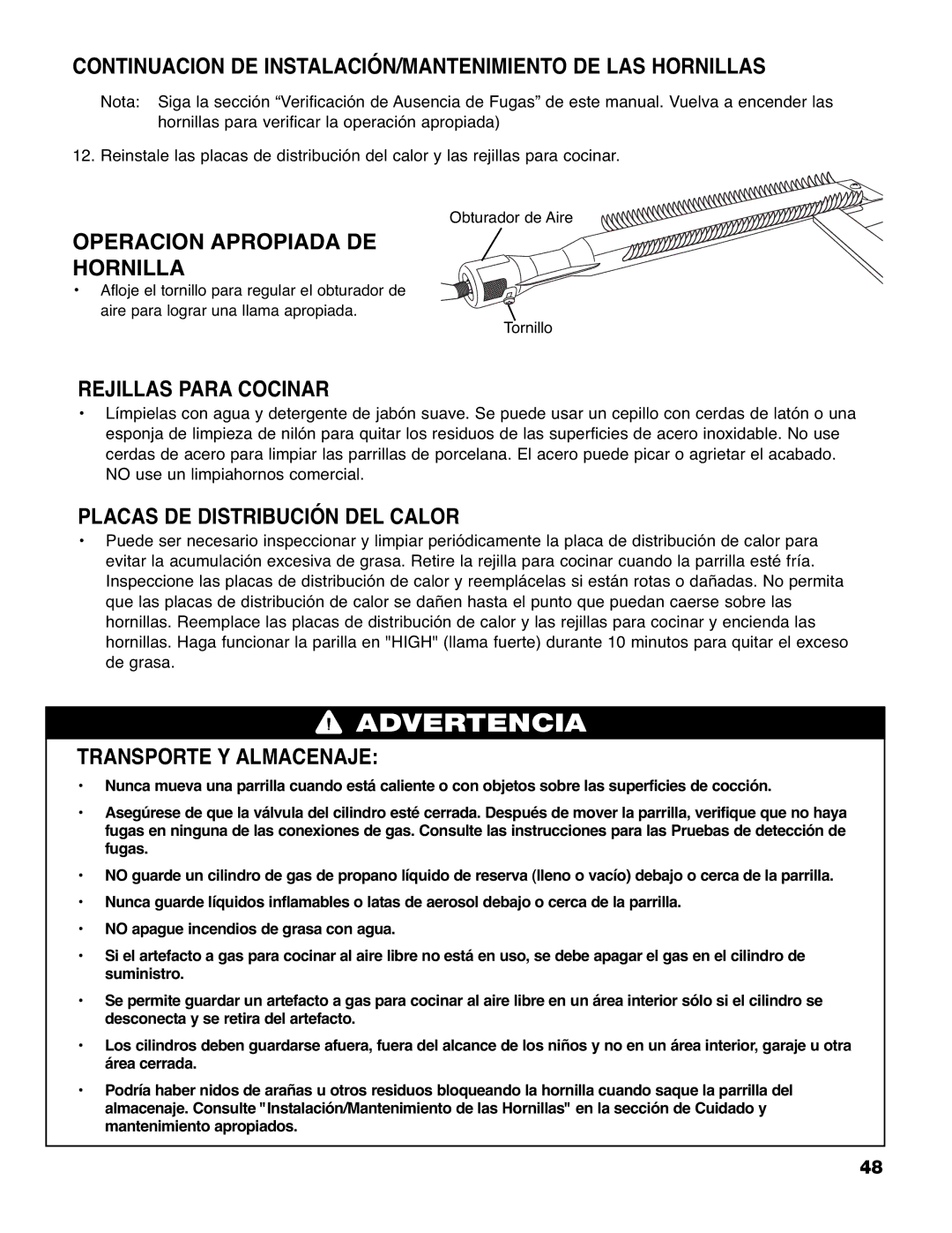 Brinkmann 9620 owner manual Continuacion DE INSTALACIÓN/MANTENIMIENTO DE LAS Hornillas, Operacion Apropiada DE Hornilla 