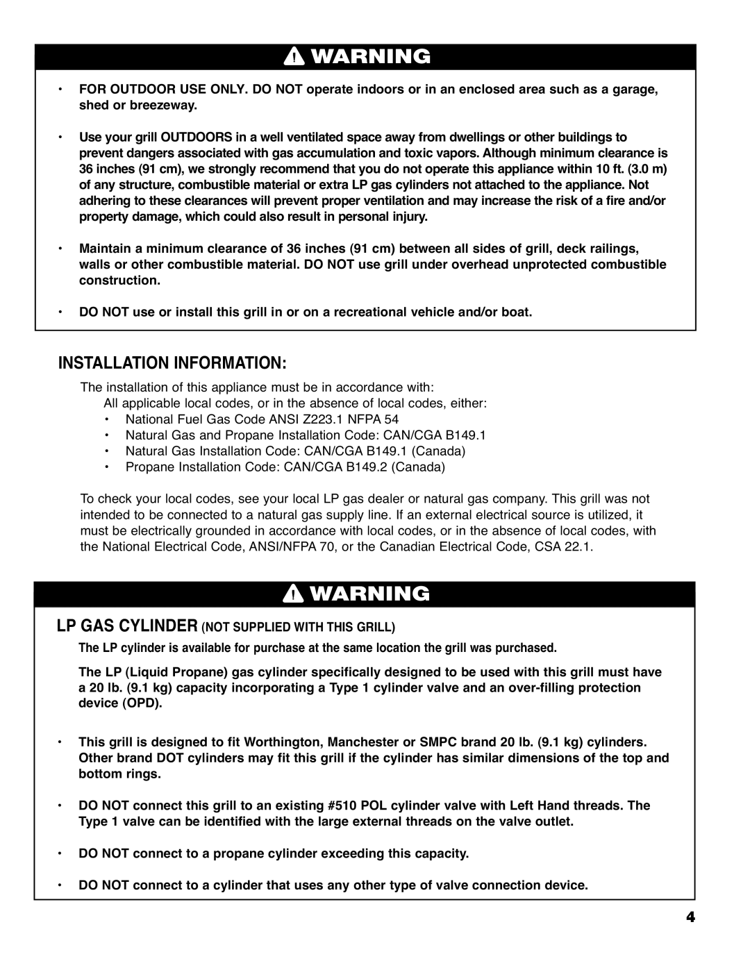 Brinkmann 9620 owner manual Installation Information, LP GAS Cylinder not Supplied with this Grill 