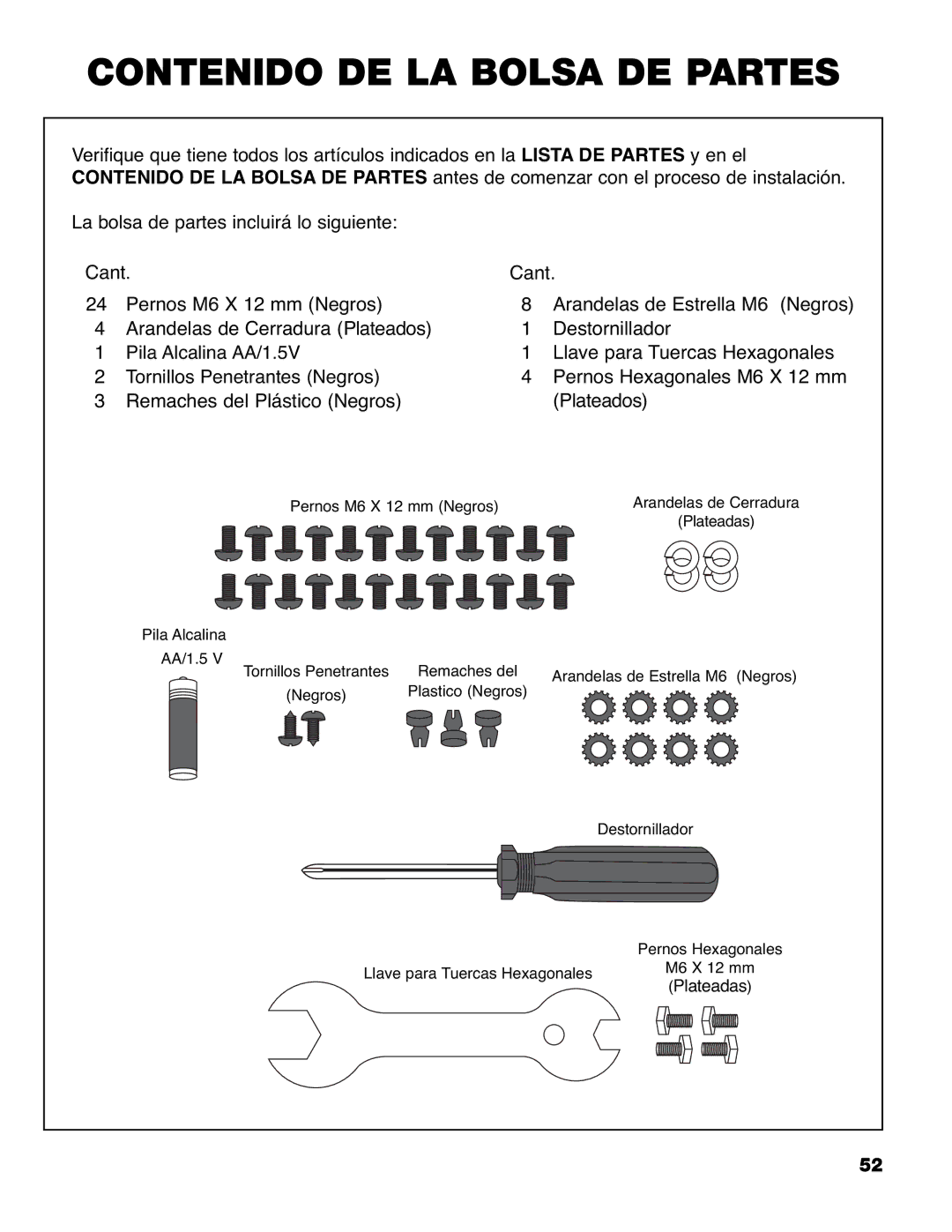 Brinkmann 9620 owner manual Contenido DE LA Bolsa DE Partes 