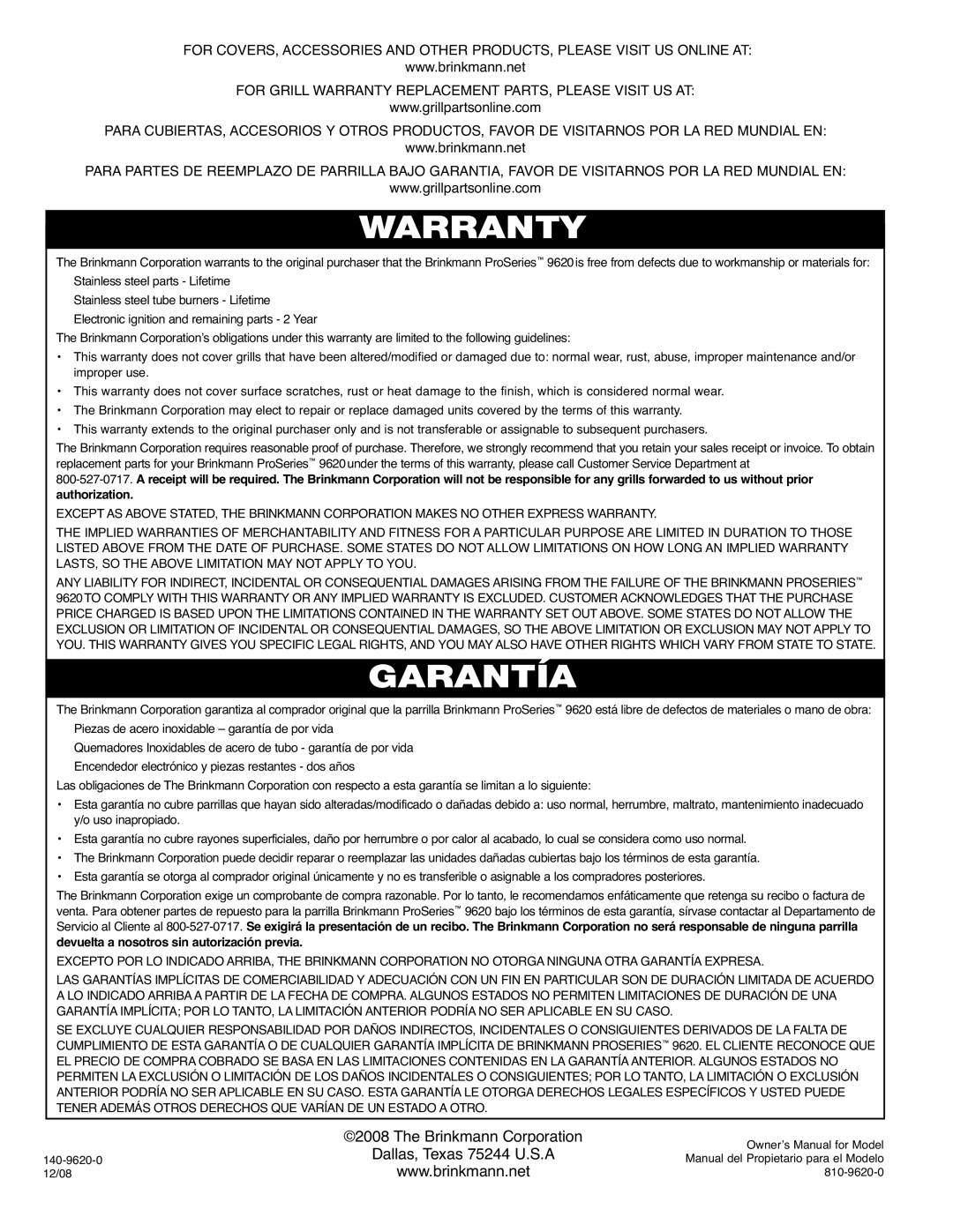 Brinkmann 9620 owner manual Warranty 