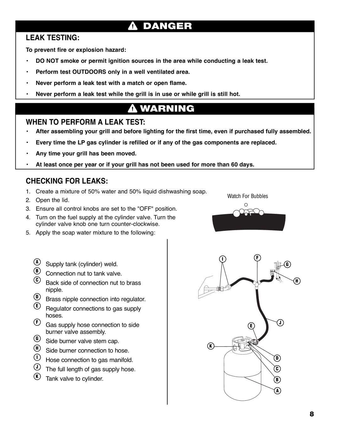 Brinkmann 9620 owner manual Leak Testing, When to Perform a Leak Test, Checking for Leaks 