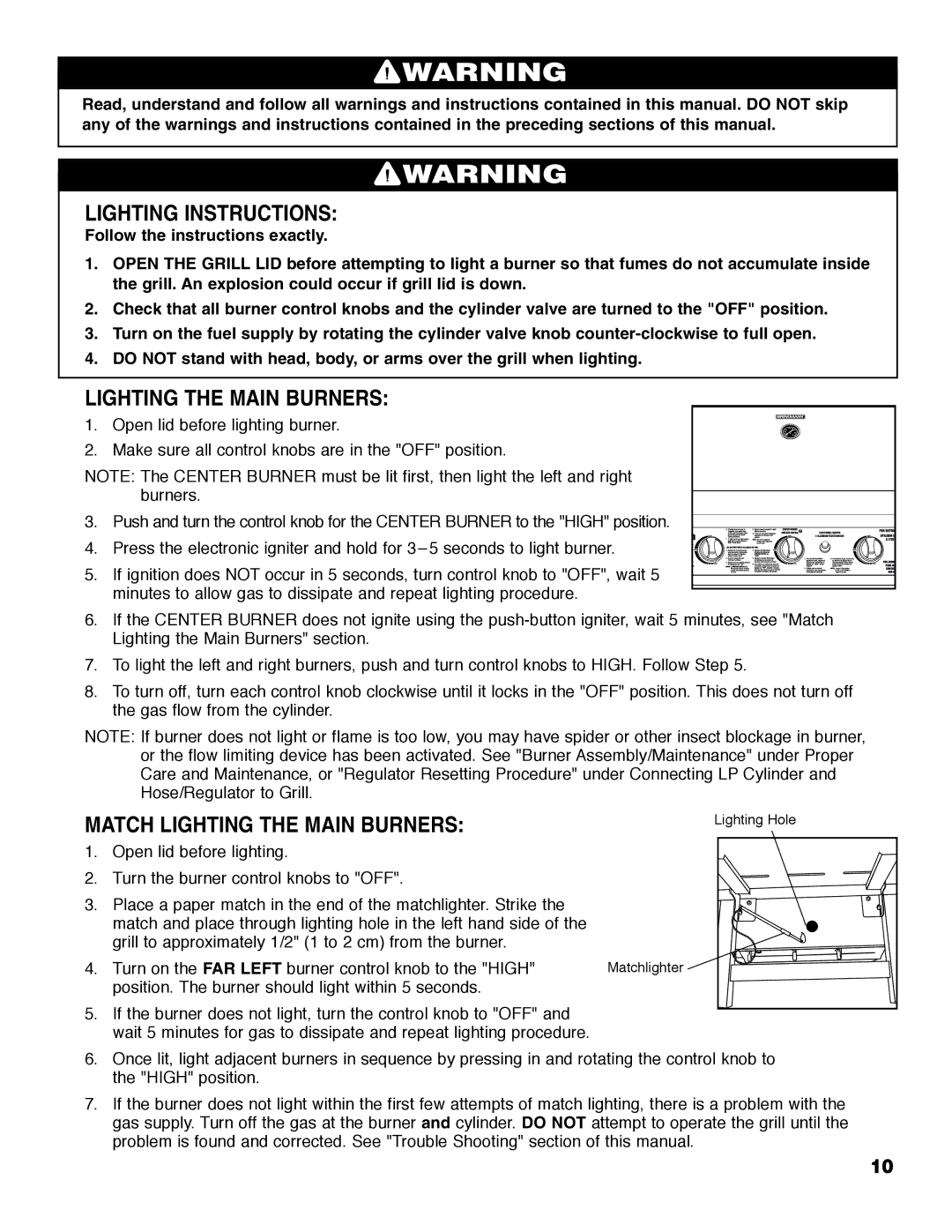 Brinkmann Austin owner manual Lighting Instructions, Match Lighting the Main Burners 