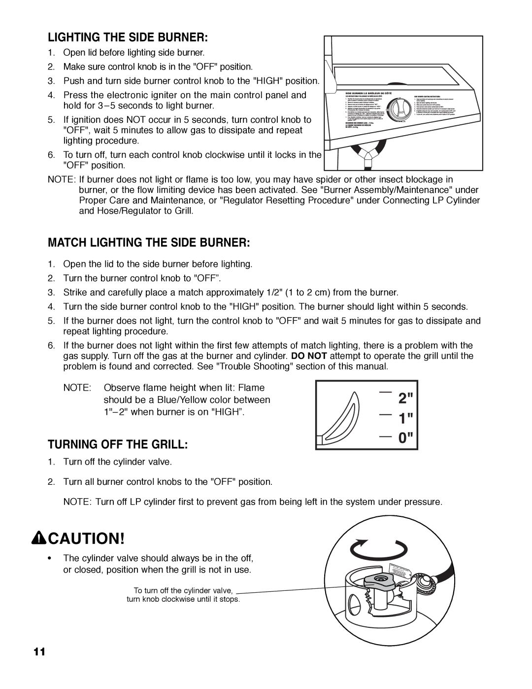 Brinkmann Austin owner manual Match Lighting the Side Burner, Turning OFF the Grill 