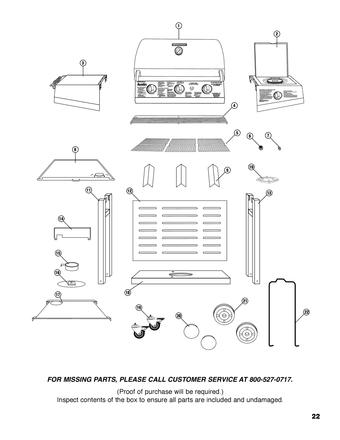 Brinkmann Austin owner manual For Missing PARTS, Please Call Customer Service AT 