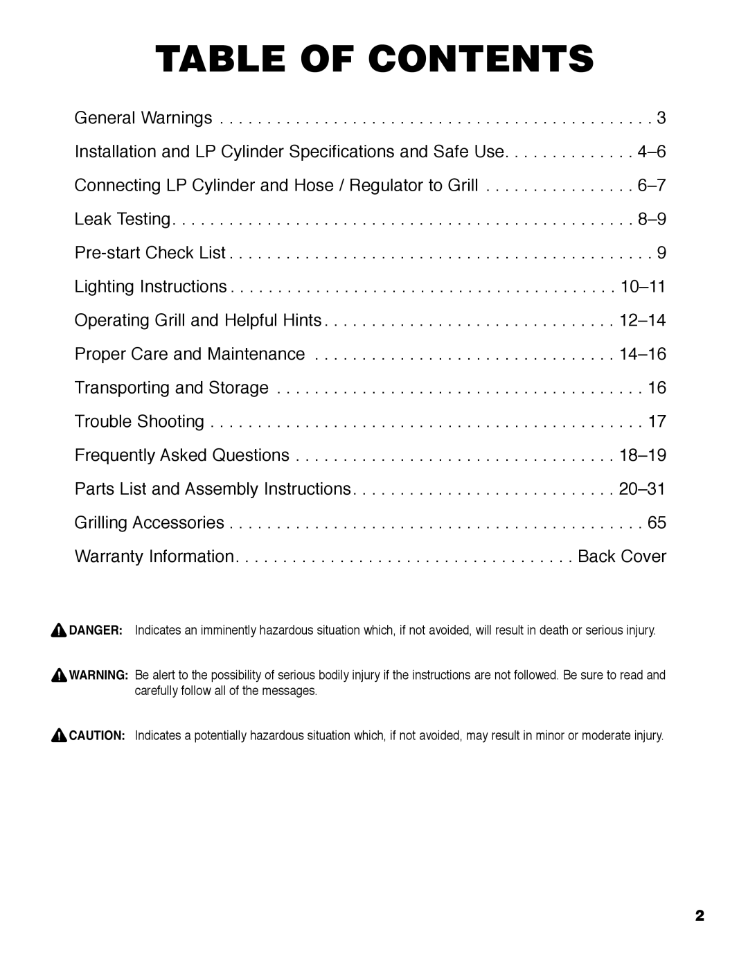 Brinkmann Austin owner manual Table of Contents 