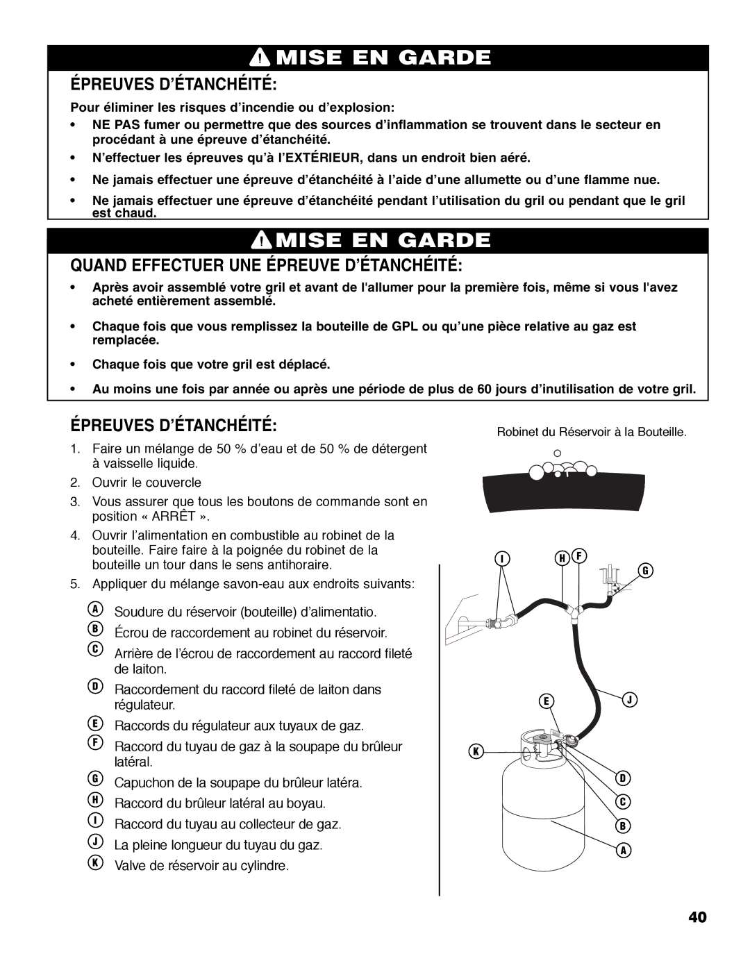 Brinkmann Austin owner manual Épreuves D’ÉTANCHÉITÉ, Quand Effectuer UNE Épreuve D’ÉTANCHÉITÉ 