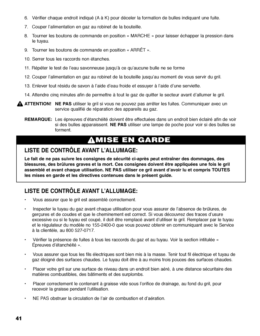 Brinkmann Austin owner manual Liste DE Contrôle Avant L’ALLUMAGE, Vous assurer que le gril est assemblé correctement 