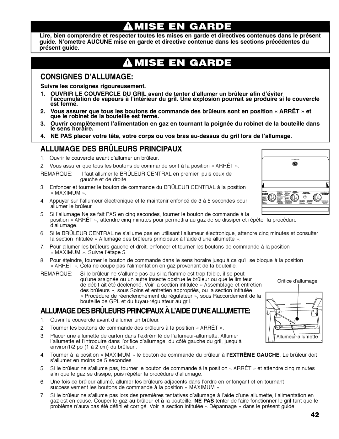 Brinkmann Austin owner manual Consignes D’ALLUMAGE, Allumage DES Brûleurs Principaux 