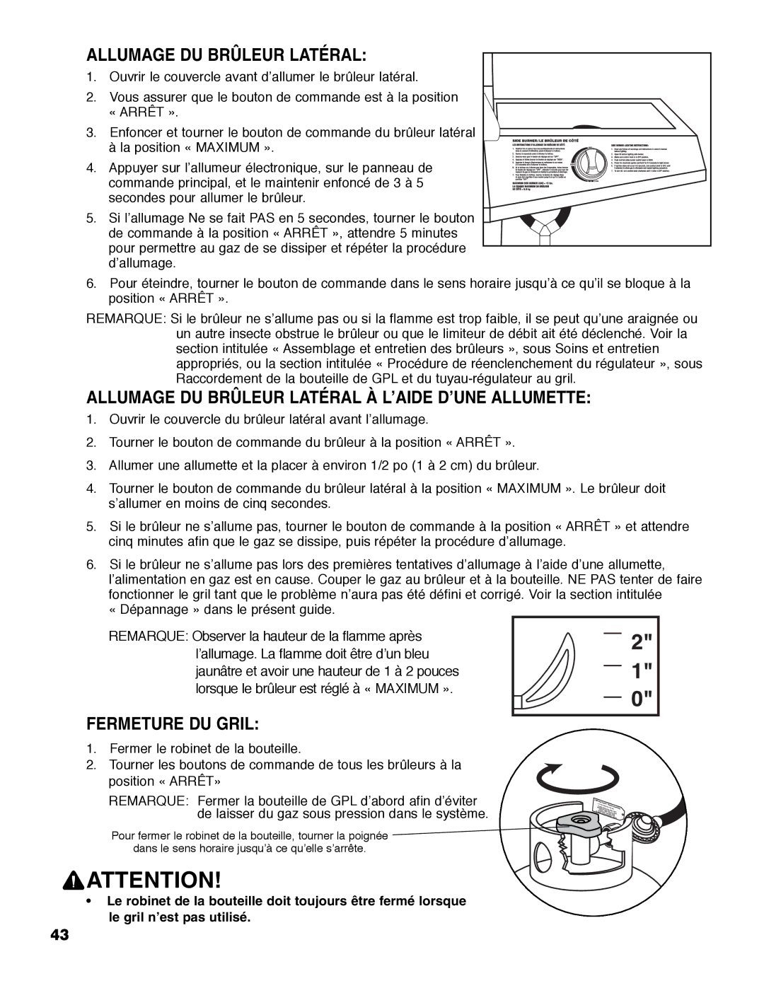 Brinkmann Austin owner manual Allumage DU Brûleur Latéral À L’AIDE D’UNE Allumette, Fermeture DU Gril 