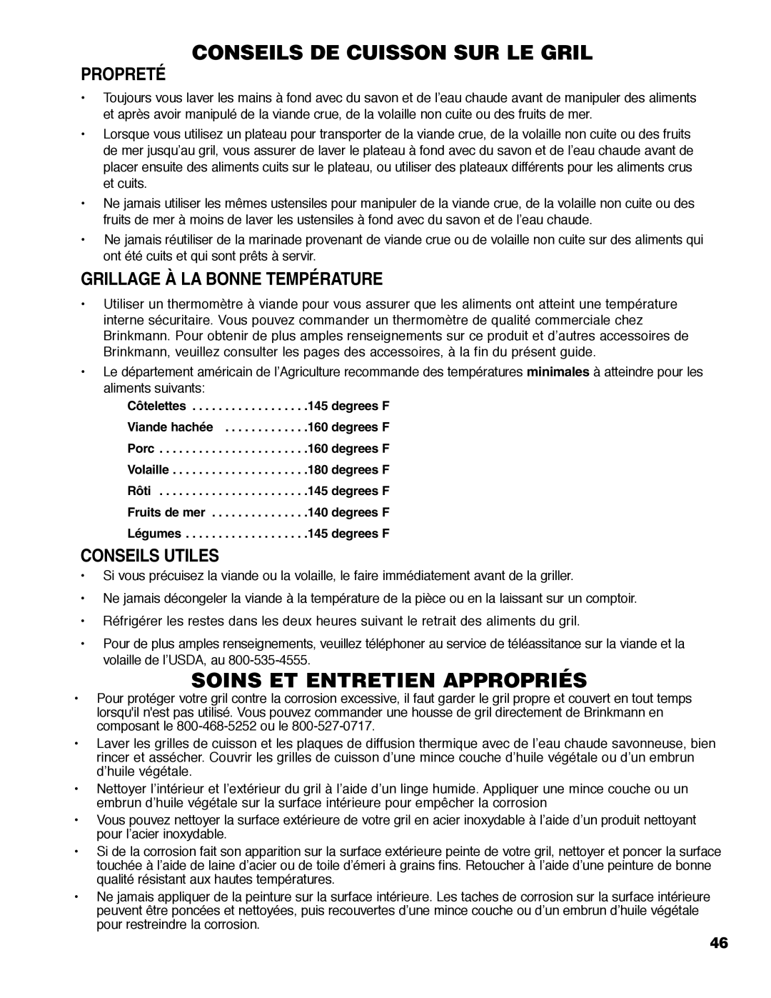 Brinkmann Austin owner manual Propreté, Grillage À LA Bonne Température, Conseils Utiles 