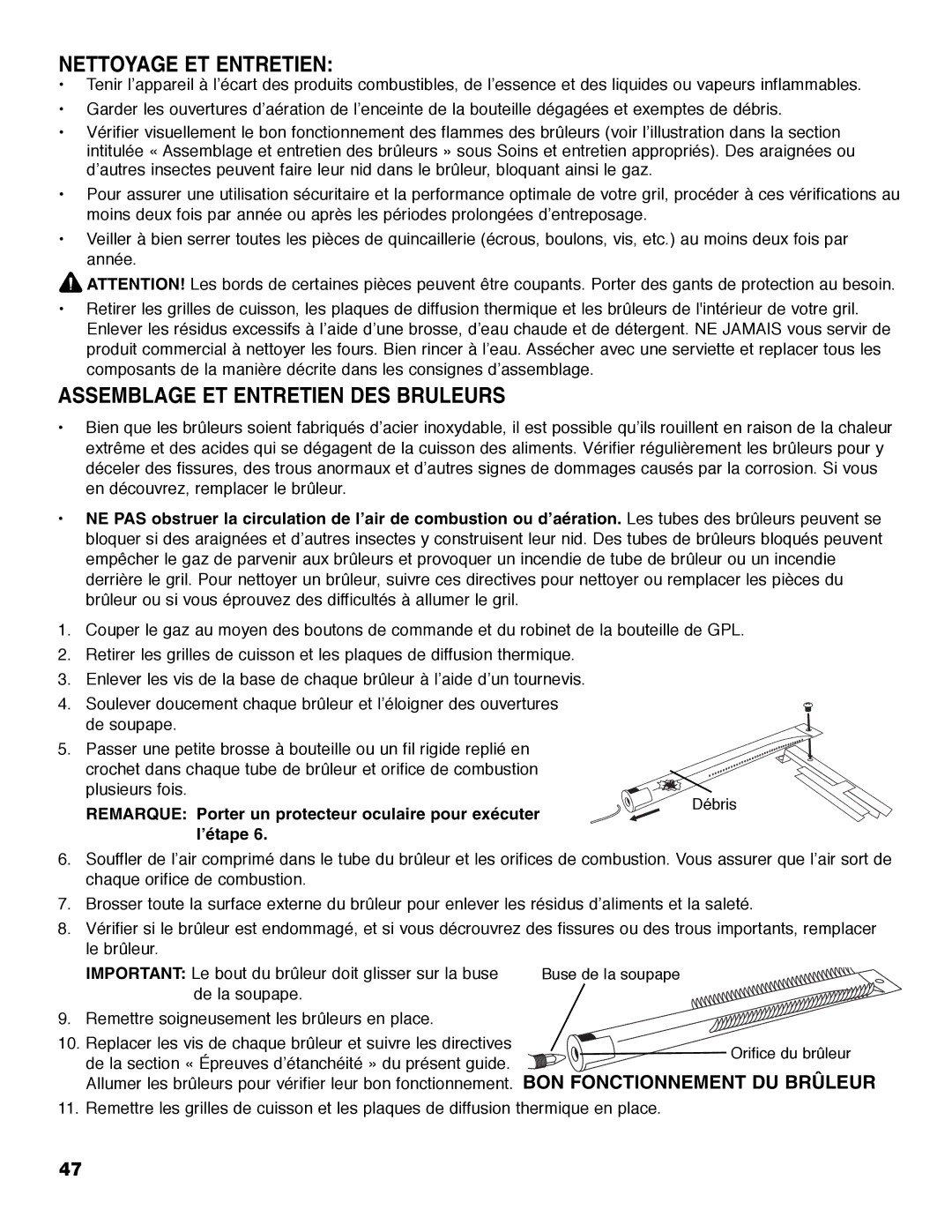 Brinkmann Austin owner manual Nettoyage ET Entretien, Assemblage ET Entretien DES Brûleurs 