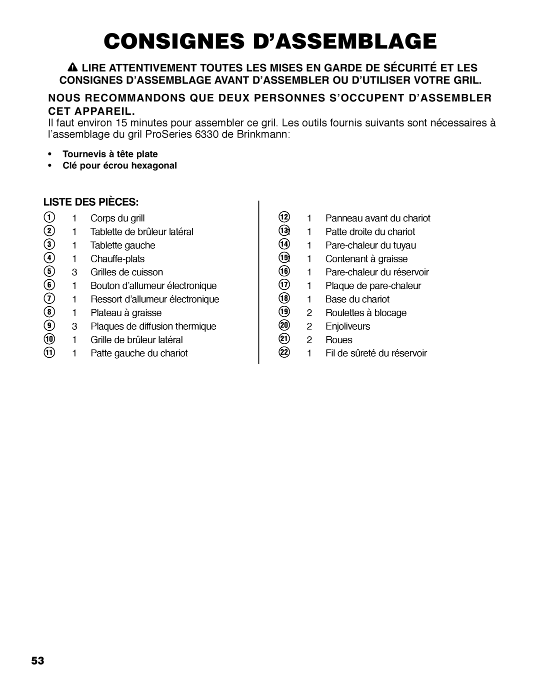 Brinkmann Austin owner manual Consignes D’ASSEMBLAGE, Liste DES Pièces 