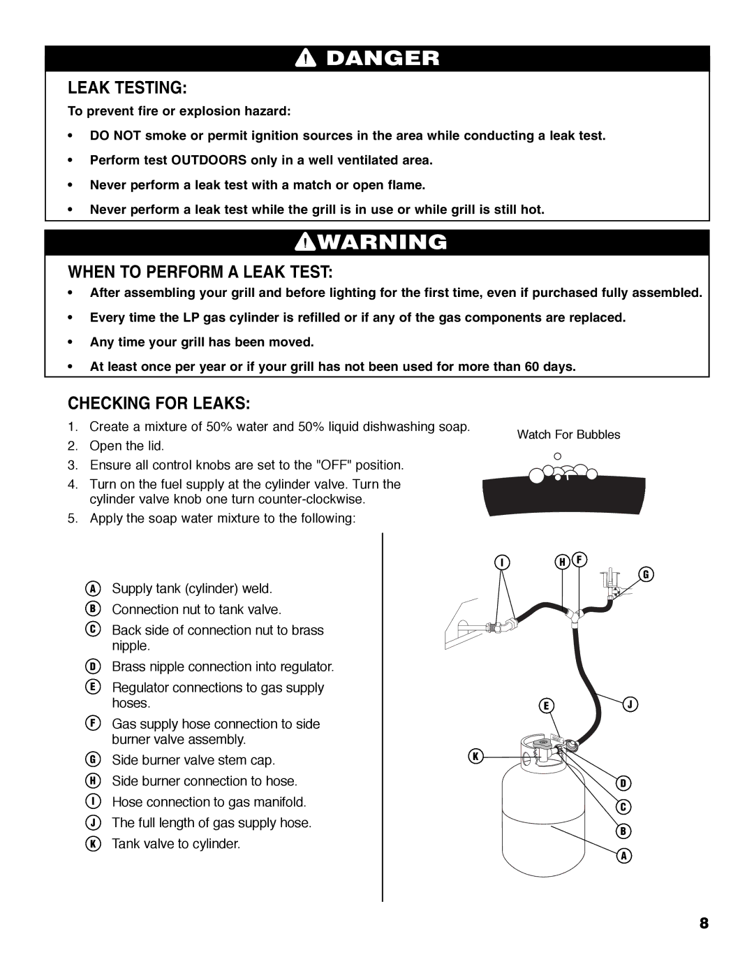 Brinkmann Austin owner manual Leak Testing, When to Perform a Leak Test, Checking for Leaks 