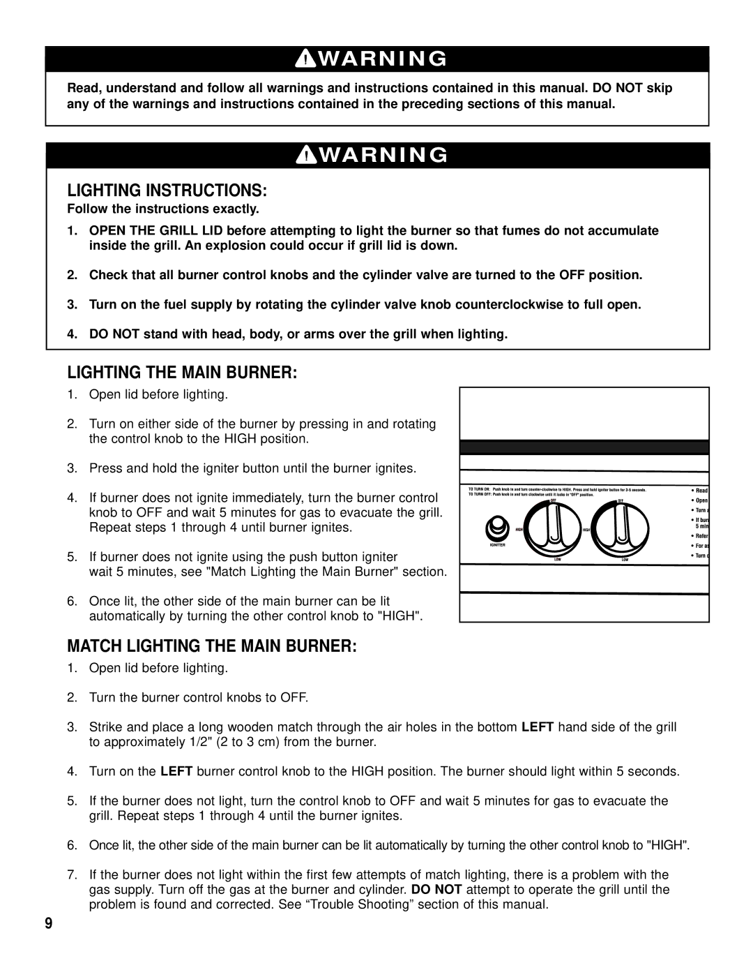 Brinkmann Backyard Kitchen owner manual Lighting Instructions, Match Lighting the Main Burner 