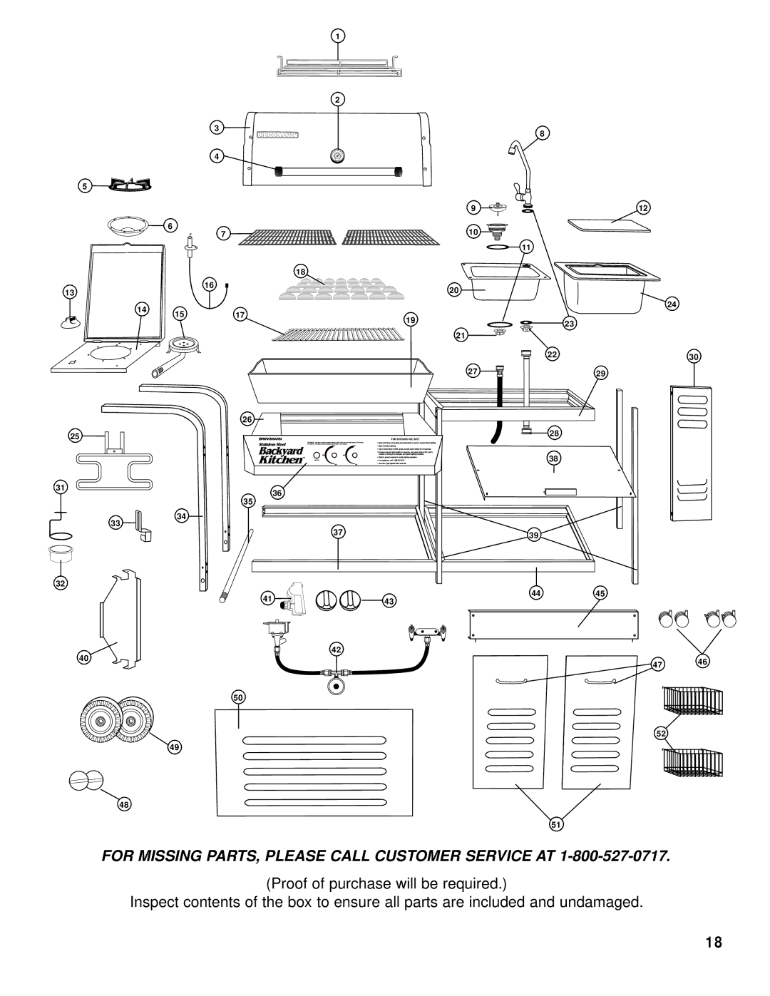 Brinkmann Backyard Kitchen owner manual For Missing PARTS, Please Call Customer Service AT 