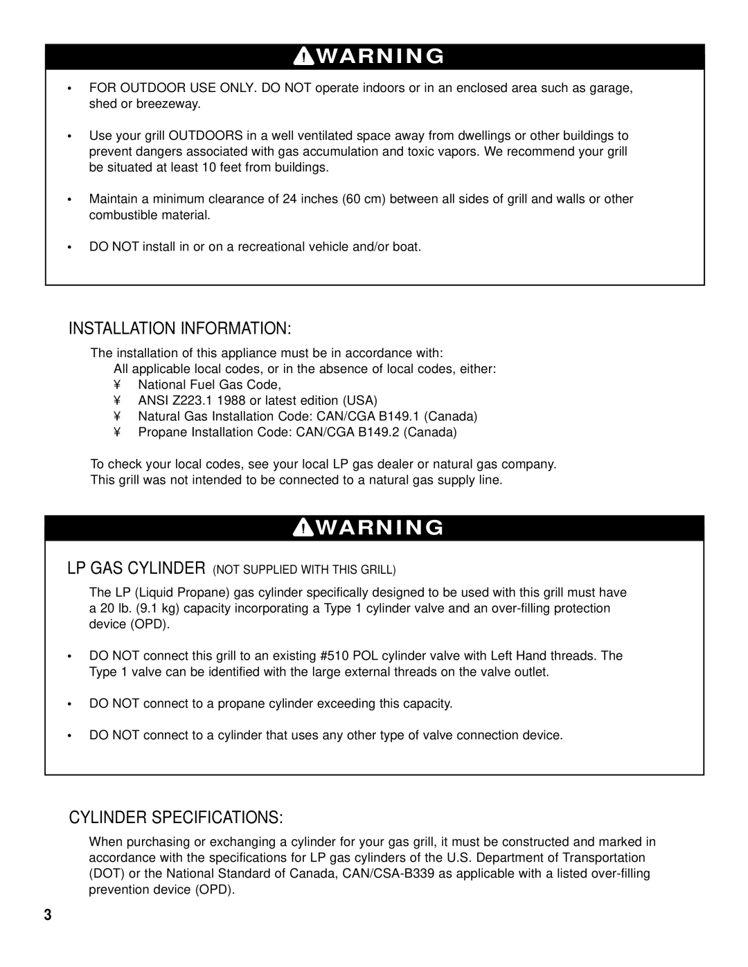 Brinkmann Backyard Kitchen owner manual Installation Information, Cylinder Specifications 