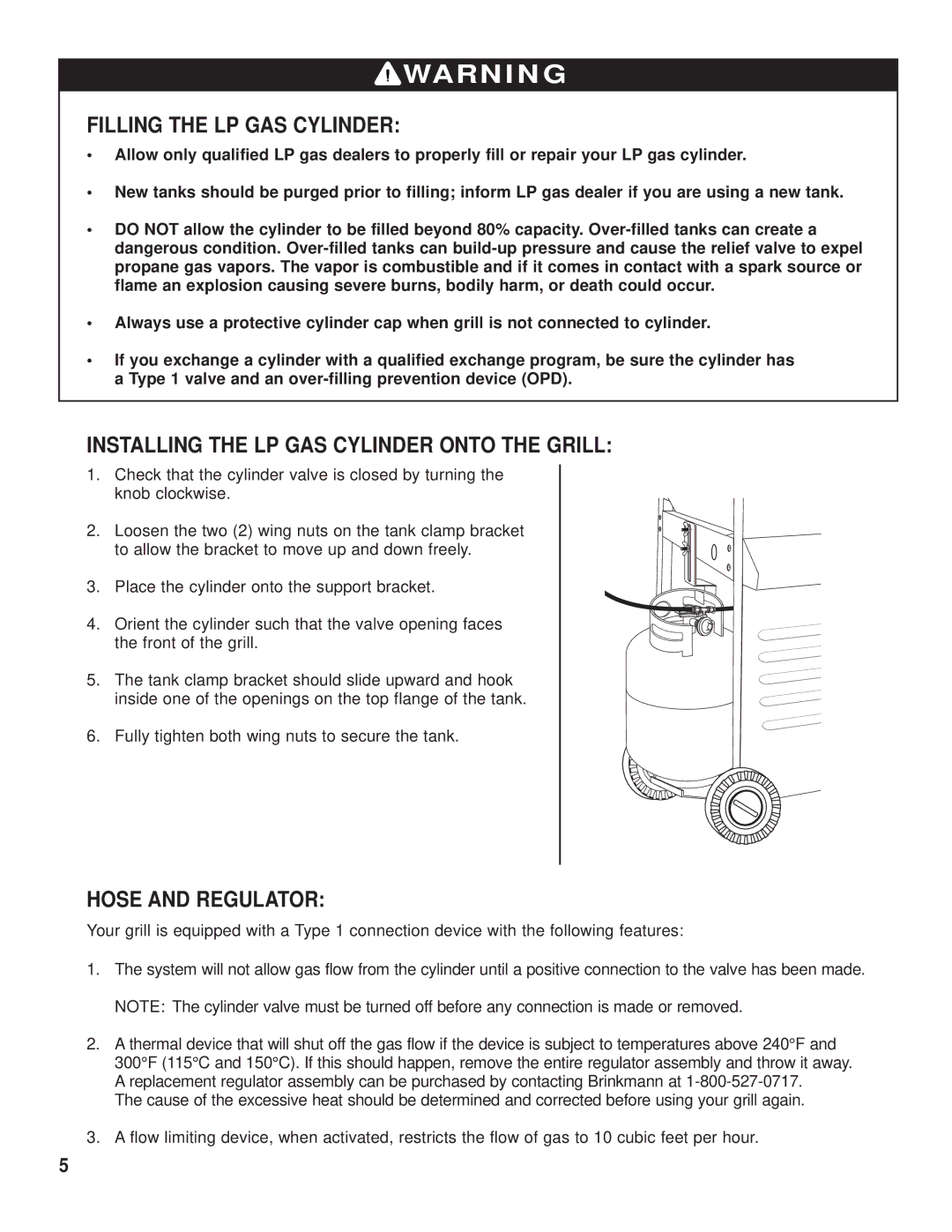 Brinkmann Backyard Kitchen Filling the LP GAS Cylinder, Installing the LP GAS Cylinder Onto the Grill, Hose and Regulator 