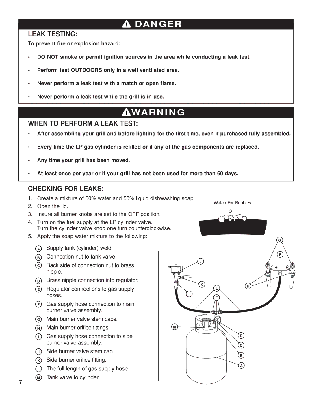 Brinkmann Backyard Kitchen owner manual Leak Testing, When to Perform a Leak Test, Checking for Leaks 