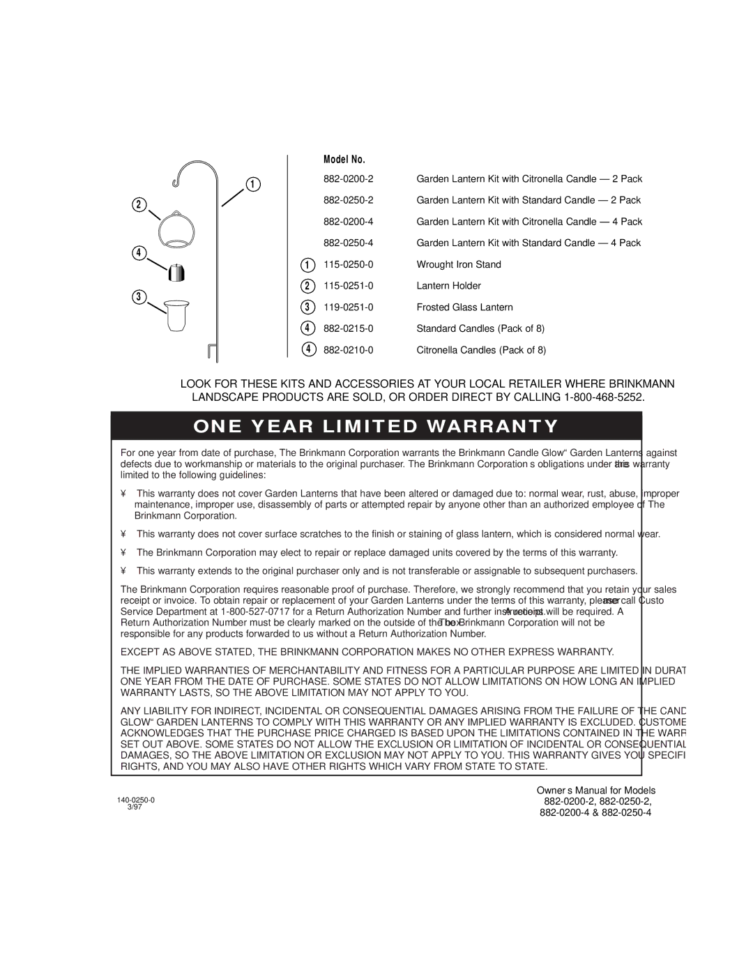 Brinkmann Candle Glow Garden Lanterns owner manual ONE Year Limited Warranty 