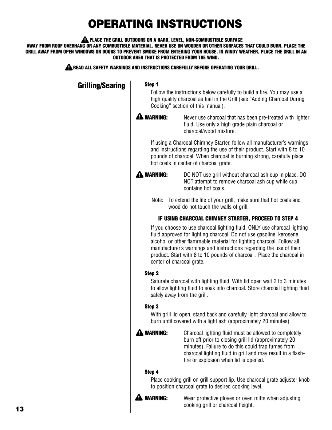 Brinkmann Charcoal Grill owner manual Operating Instructions, Grilling/Searing 